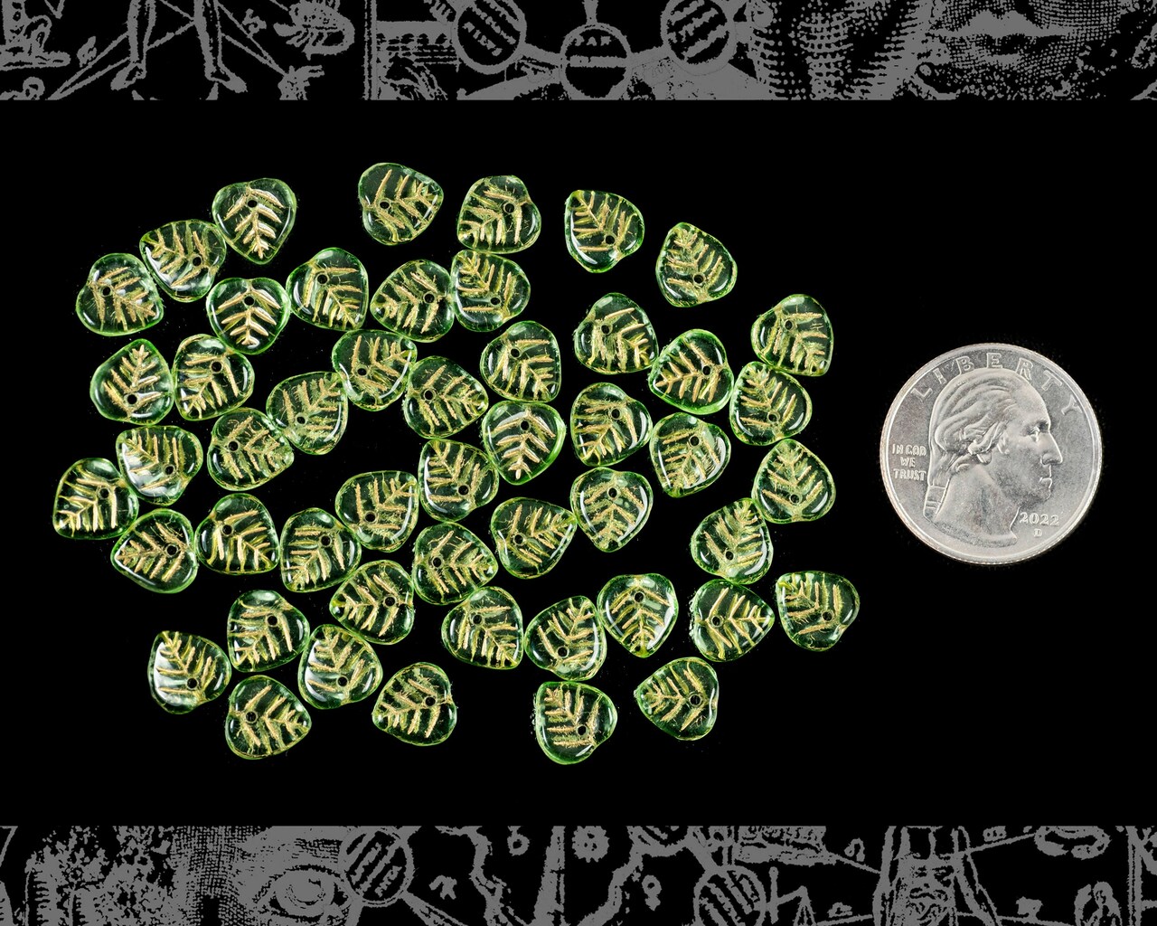 10mm Peridot Green Heart Leaf Beads with Gold Veins - Apx 50 beads - GB-LB7